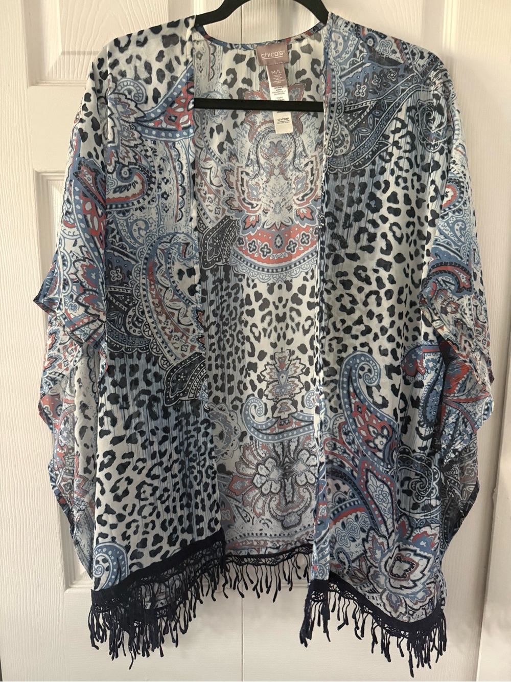 Chico's Blue Paisley & Leopard Fringe Kimono with Coral Accents